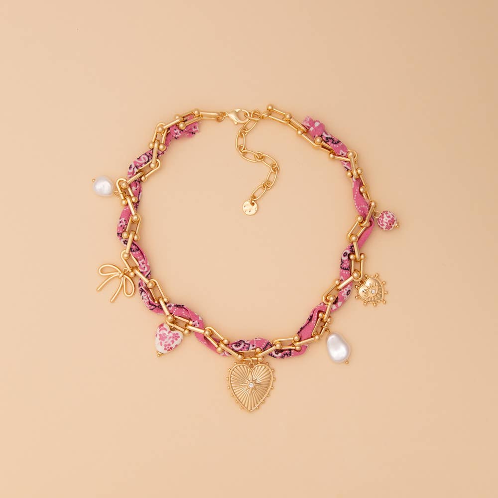 Gold Chain and Bandana Necklace with Gold Heart and Trinkets