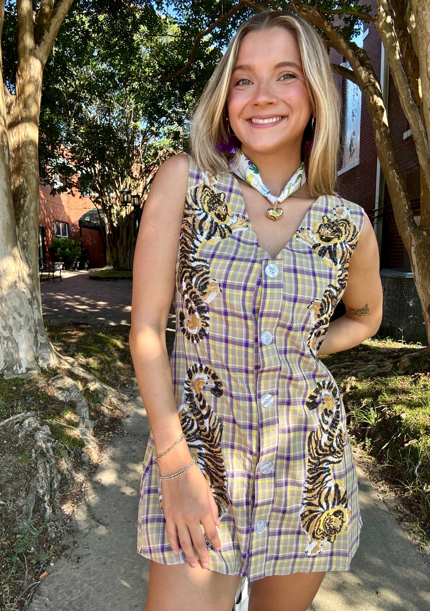 Purple and Yellow Plaid Tiger Dress