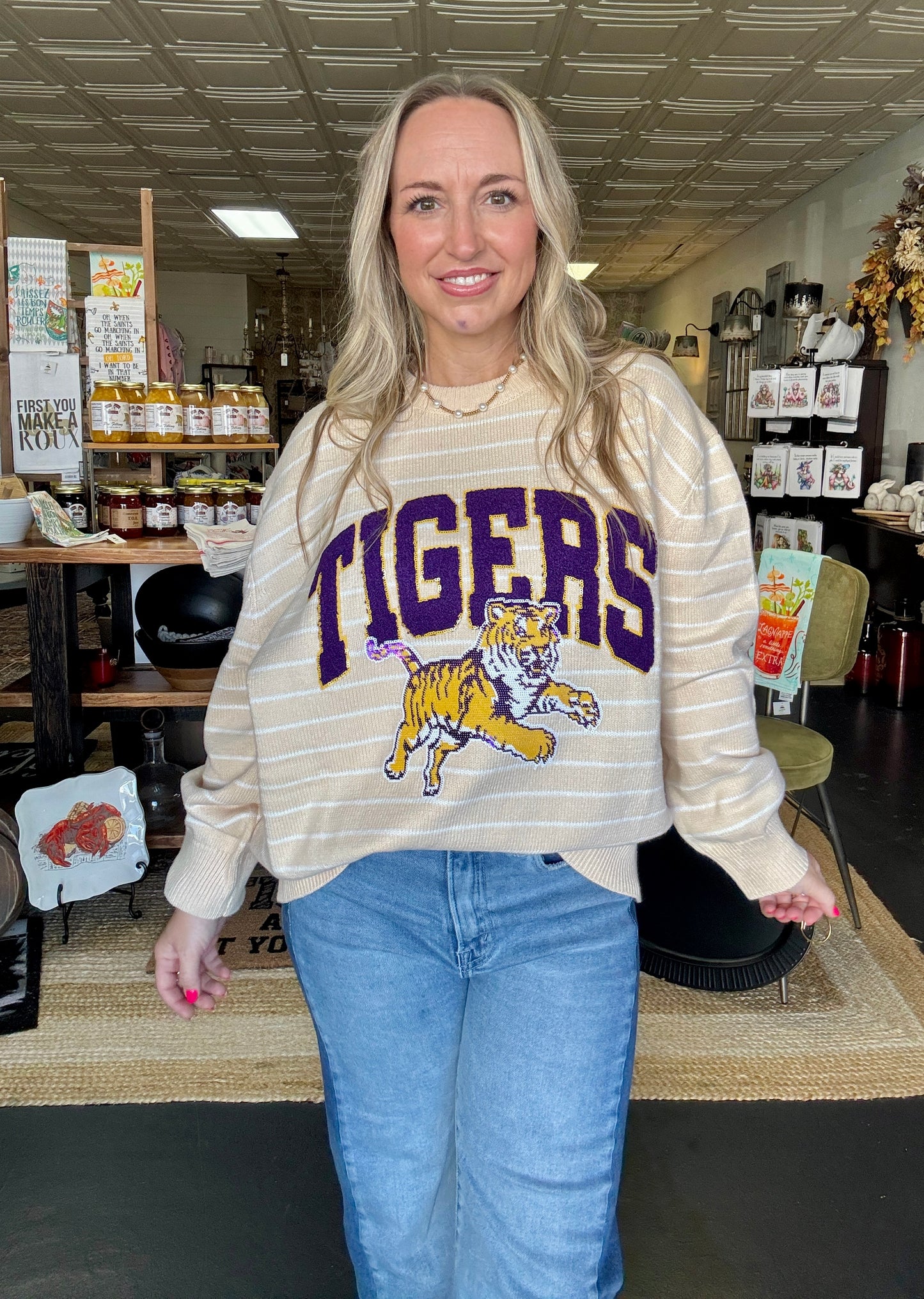 Licensed LSU Beige Striped Vintage Sweater