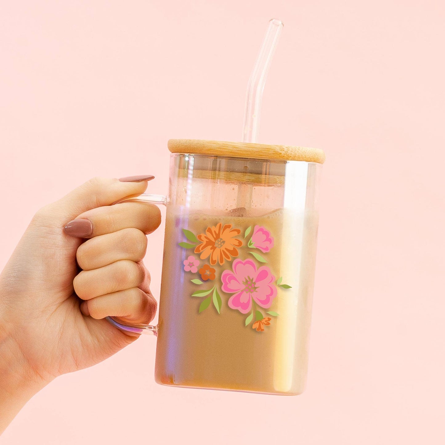 Square Glass Cup-Dainty Floral Pink