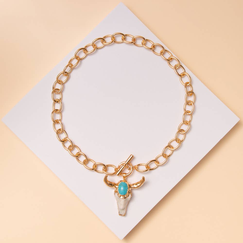 Western Steer Head Pendant Necklace in Gold Tone