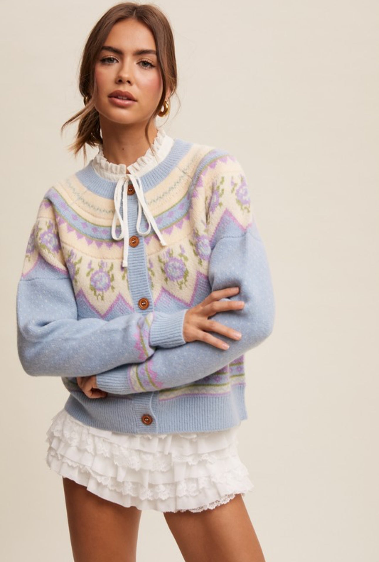 Powder Blue Fair Isle Patterned Cardigan