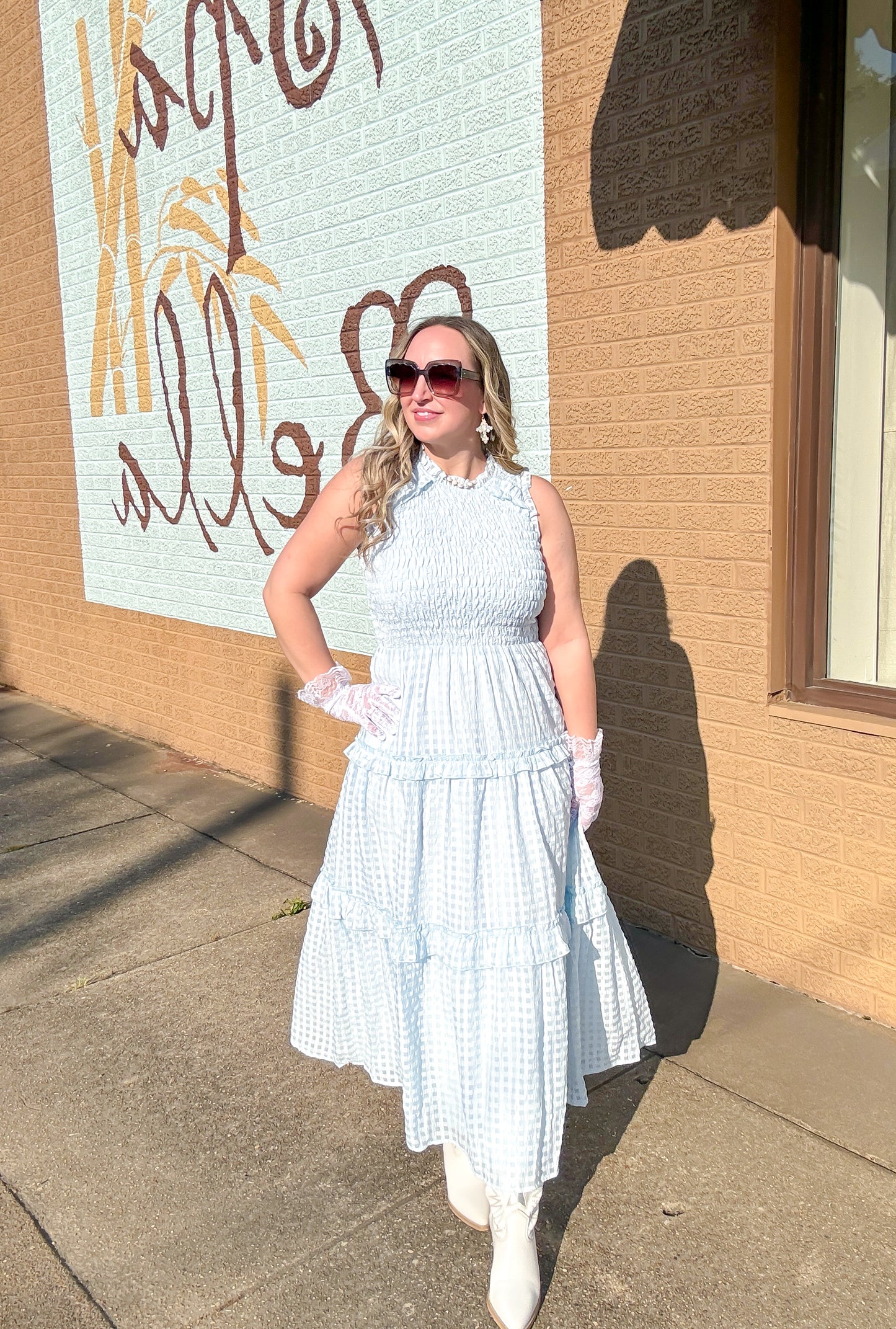 Gorgeous in Gingham Blue Ruffled Dress