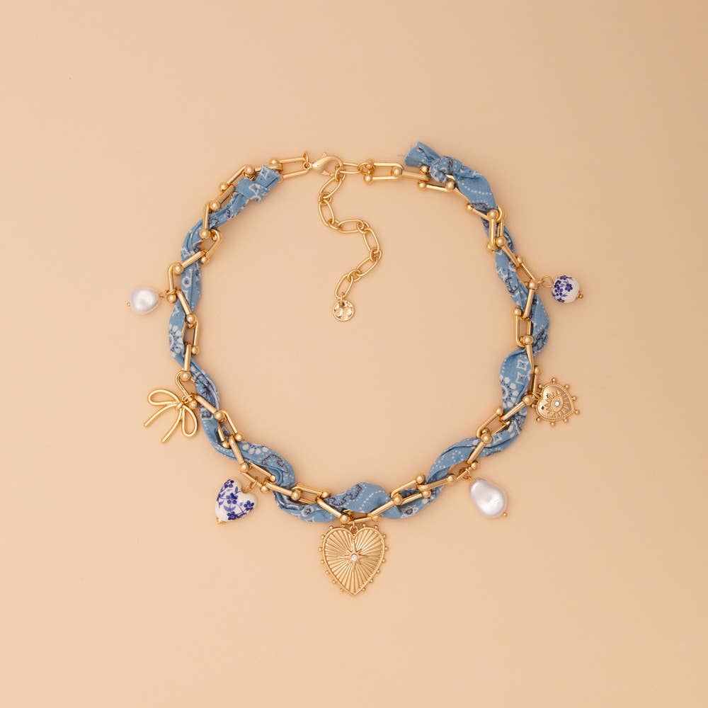 Gold Chain and Bandana Necklace with Gold Heart and Trinkets