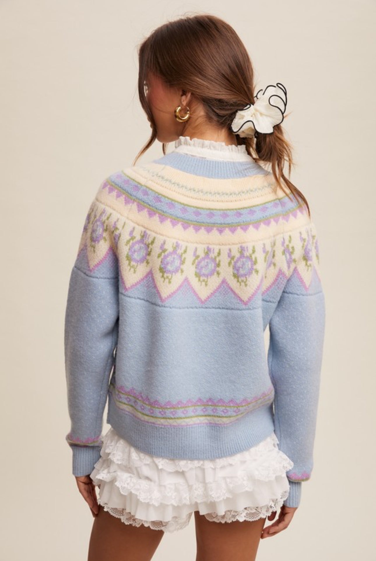 Powder Blue Fair Isle Patterned Cardigan