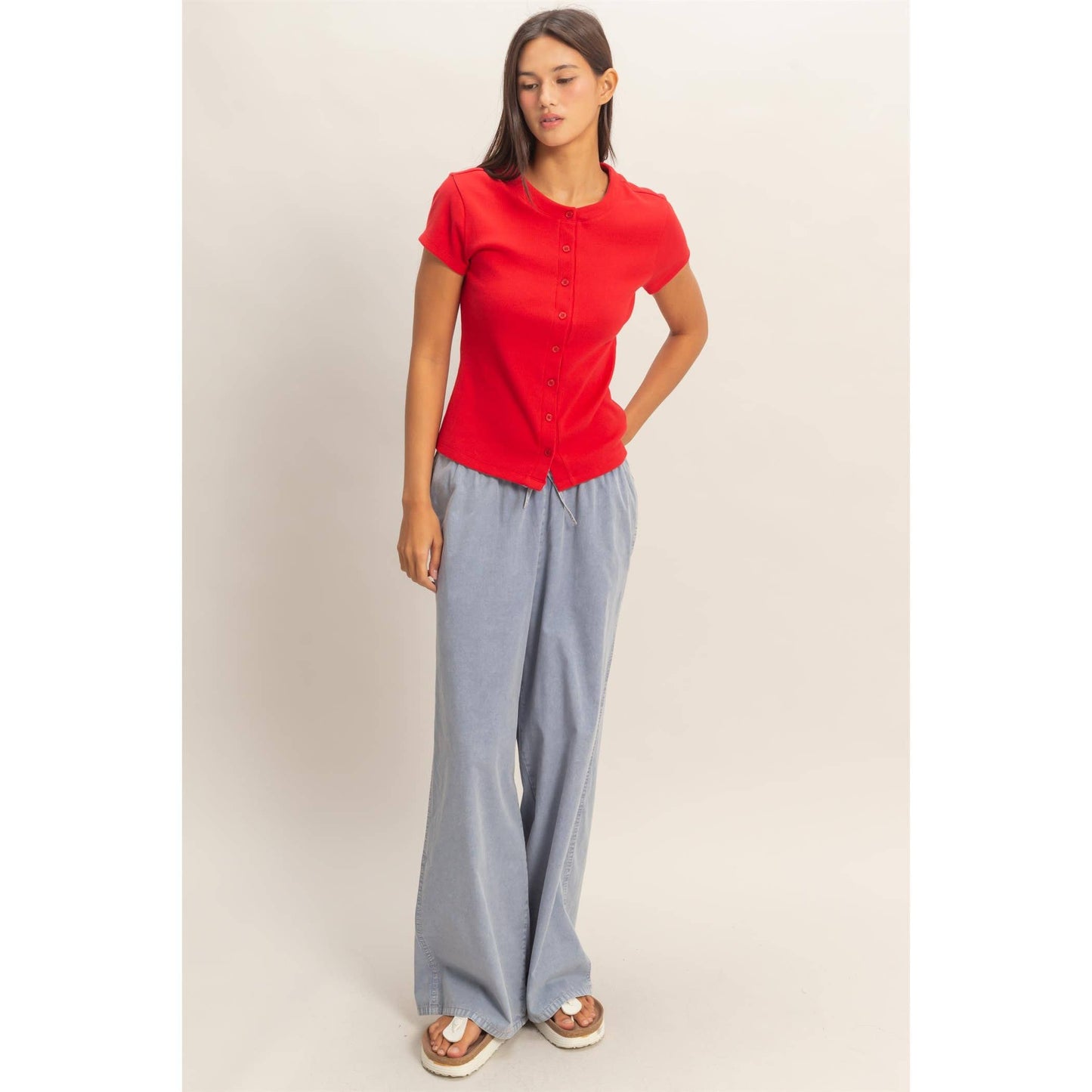 Ribbed Button-Front Crew Neck Top