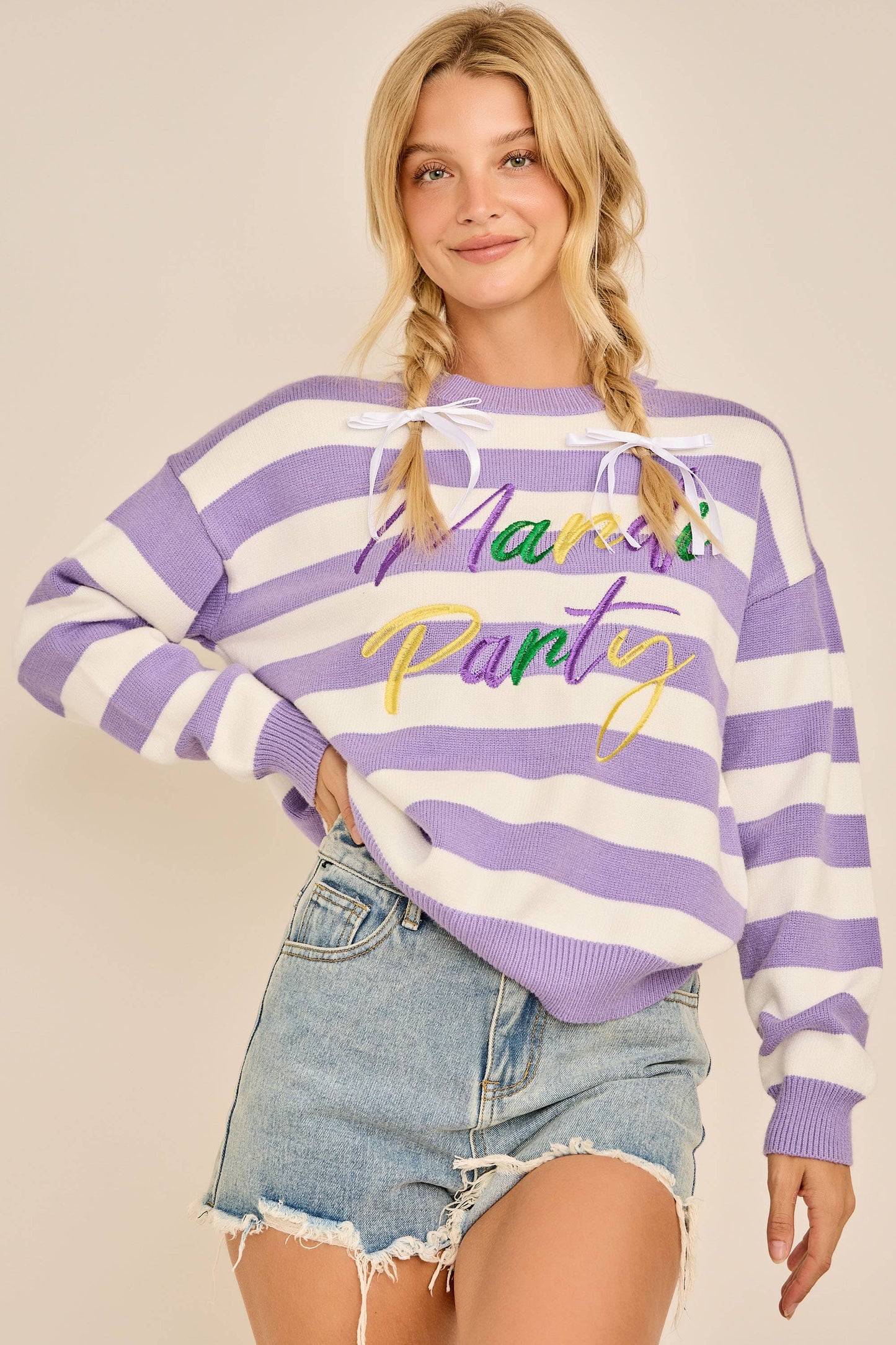 Mardi Party Striped Knit Sweater – Purple & White