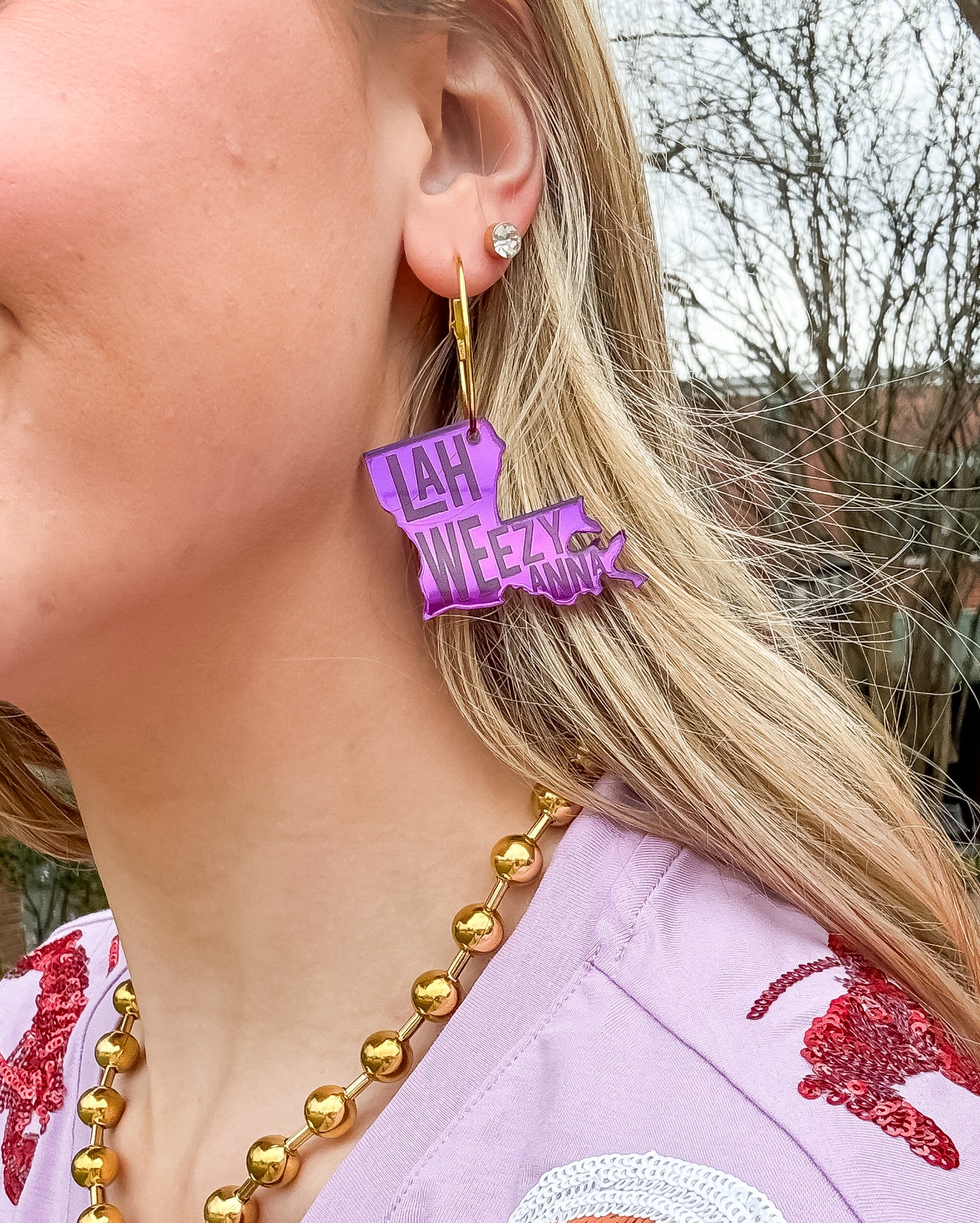 Purple Acrylic Louisiana State Hoop Earrings