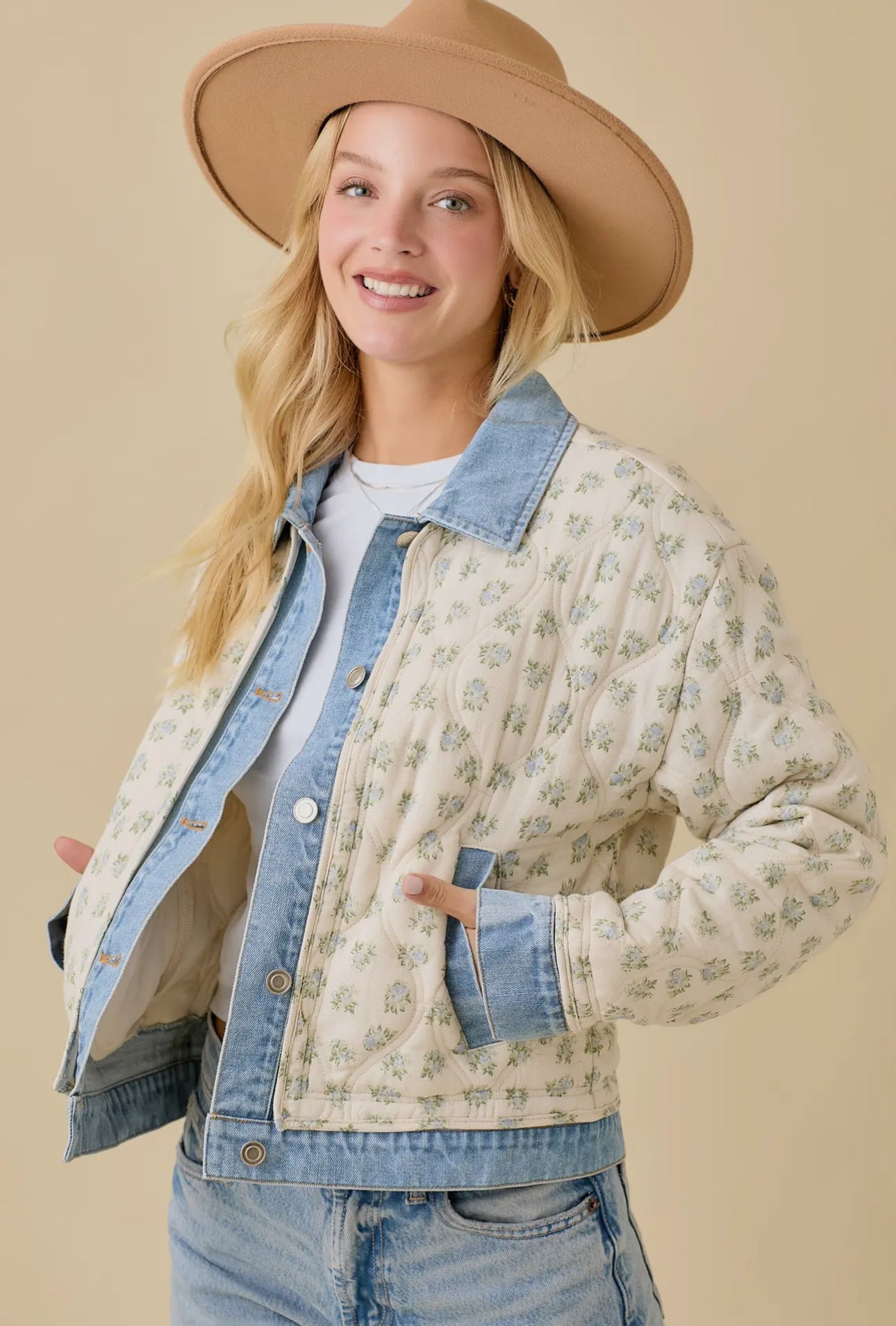 Floral Print Quilted Denim Jacket Preorder