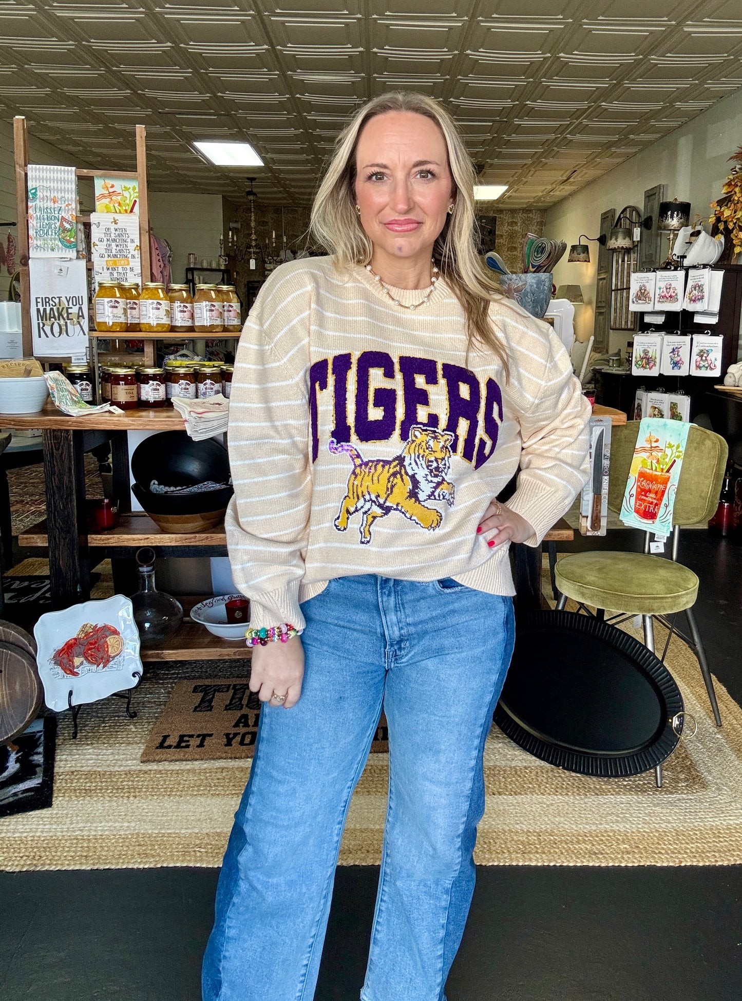 Licensed LSU Beige Striped Vintage Sweater