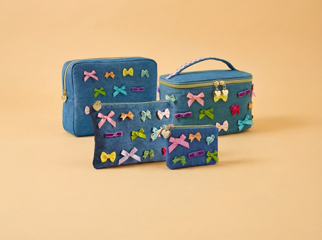 Bella Bows Denim Zipper Pouch