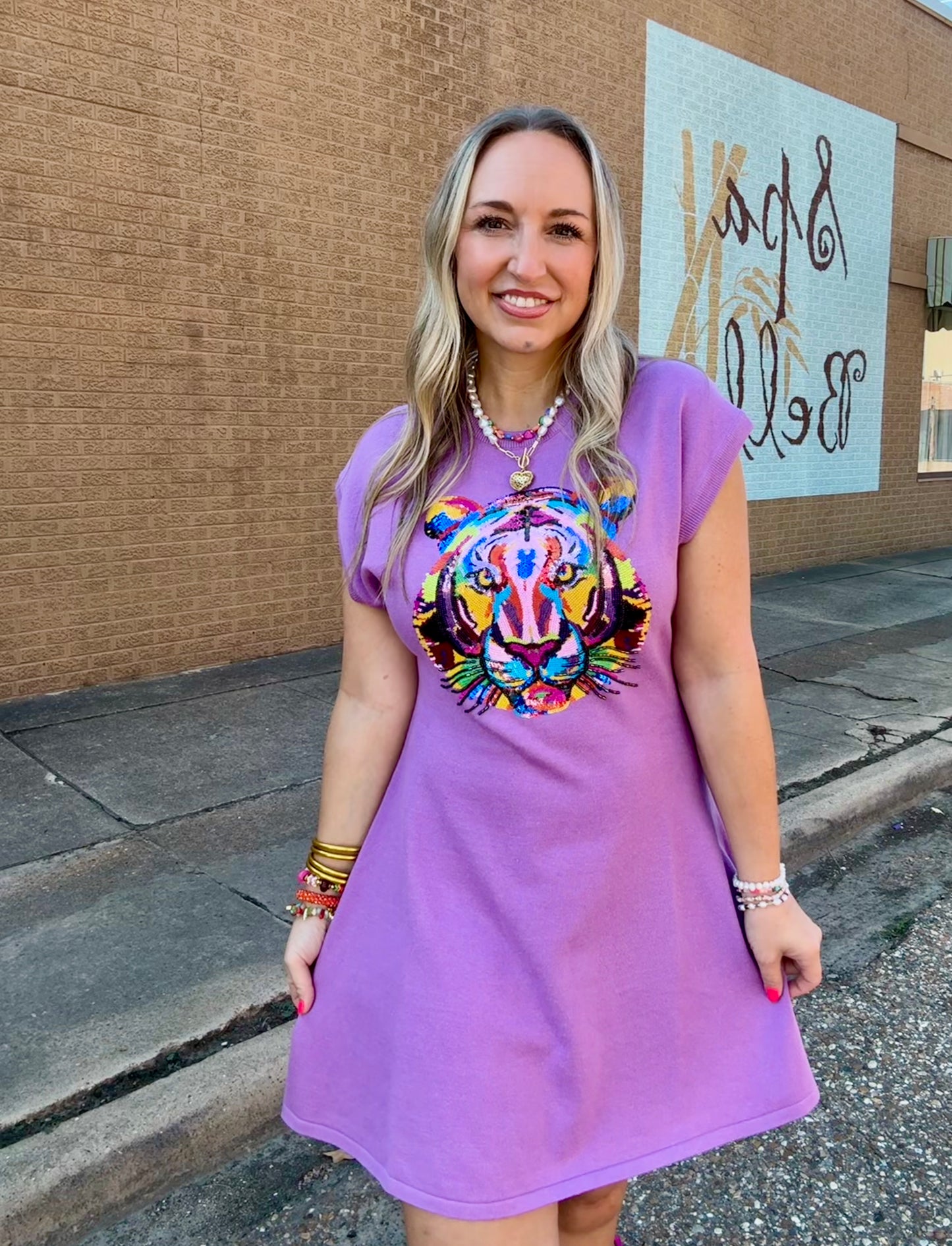 Rainbow Tiger Head Lavender Dress