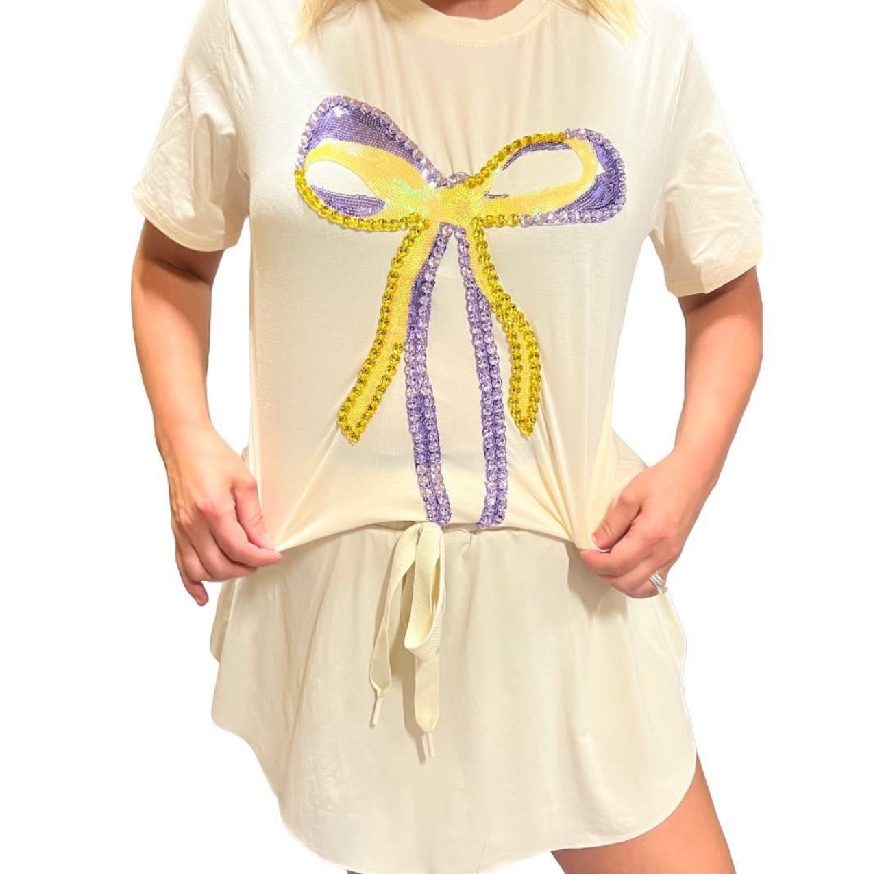Purple and Gold Rhinestone Bow tee