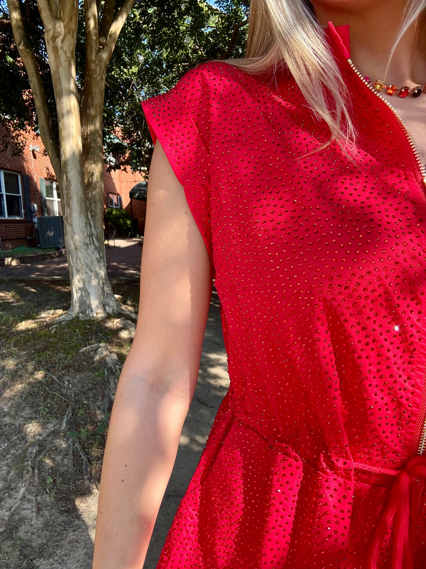 Red QOS Rhinestone Romper