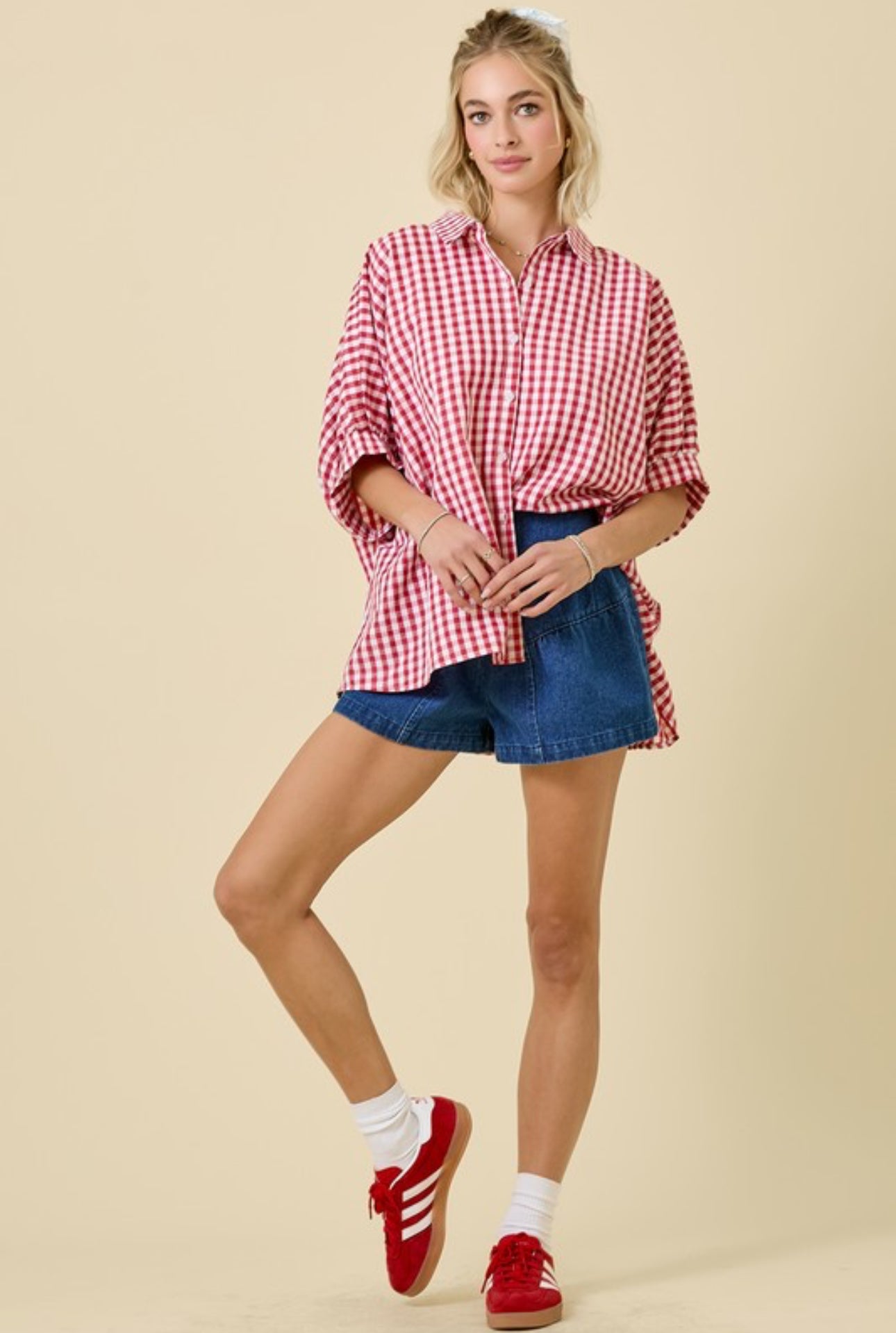 Red Gingham Girl Button Up Top