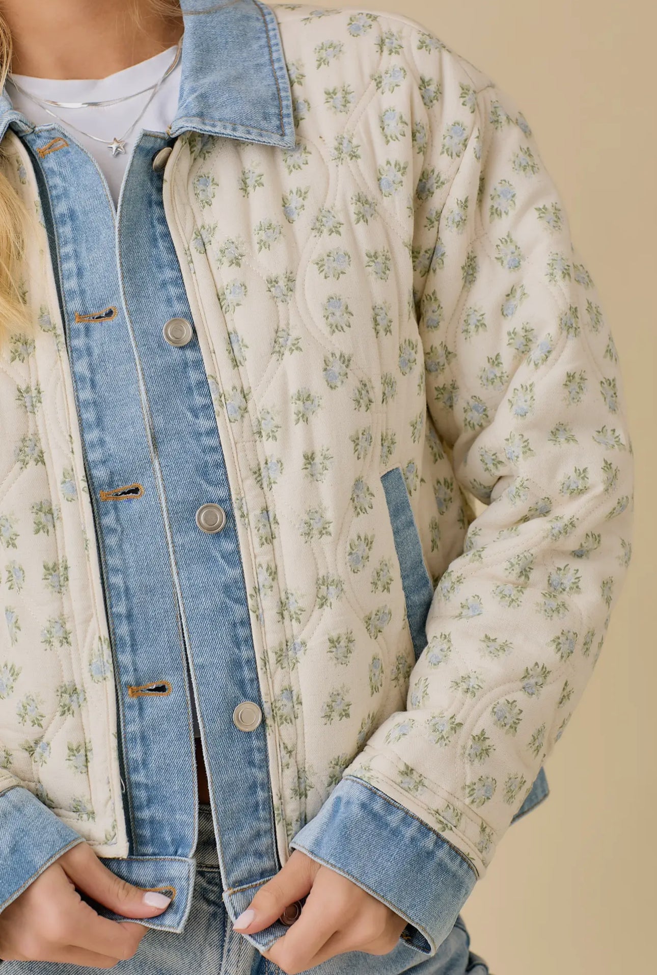 Floral Print Quilted Denim Jacket Preorder