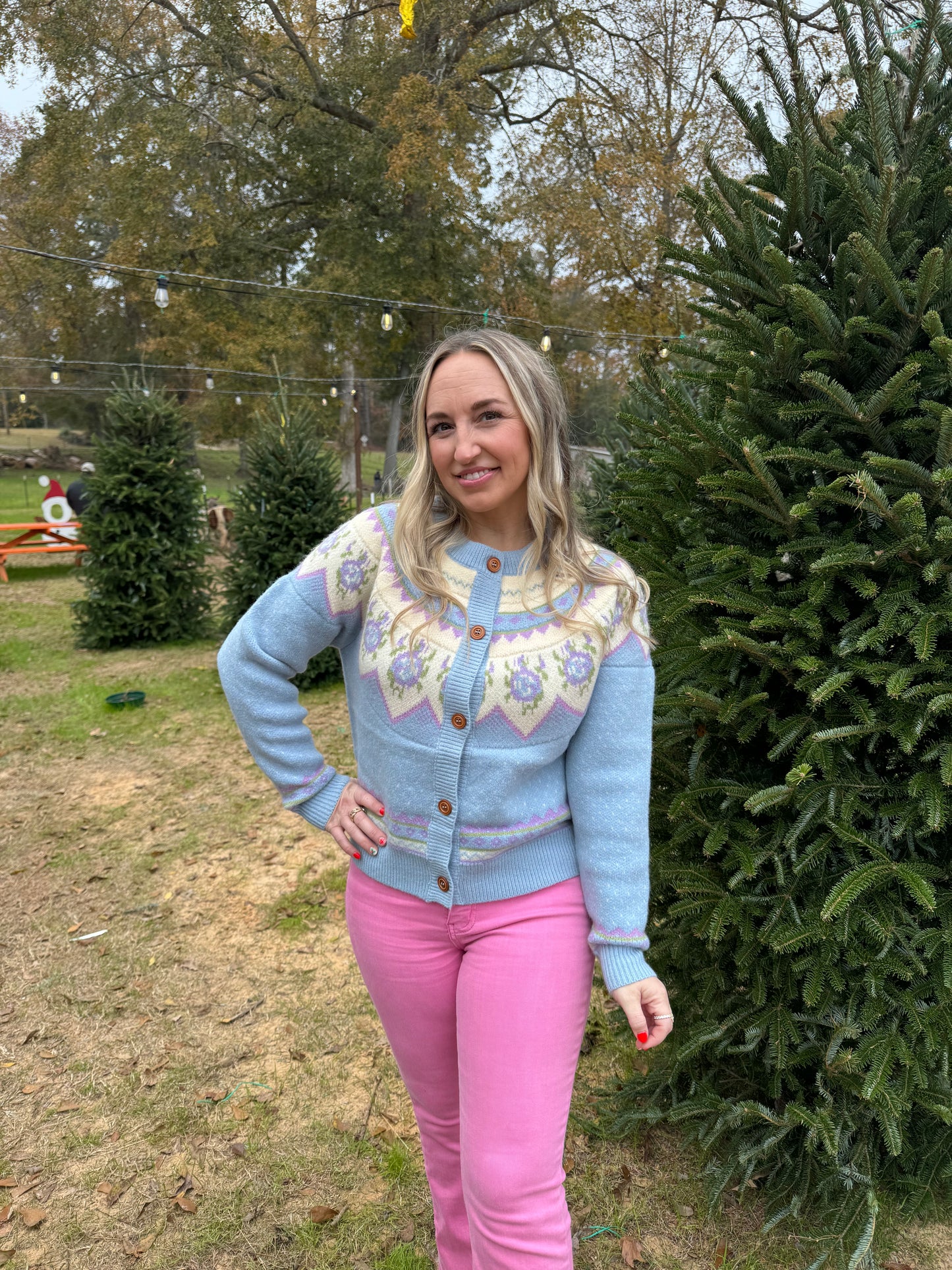 Powder Blue Fair Isle Patterned Cardigan