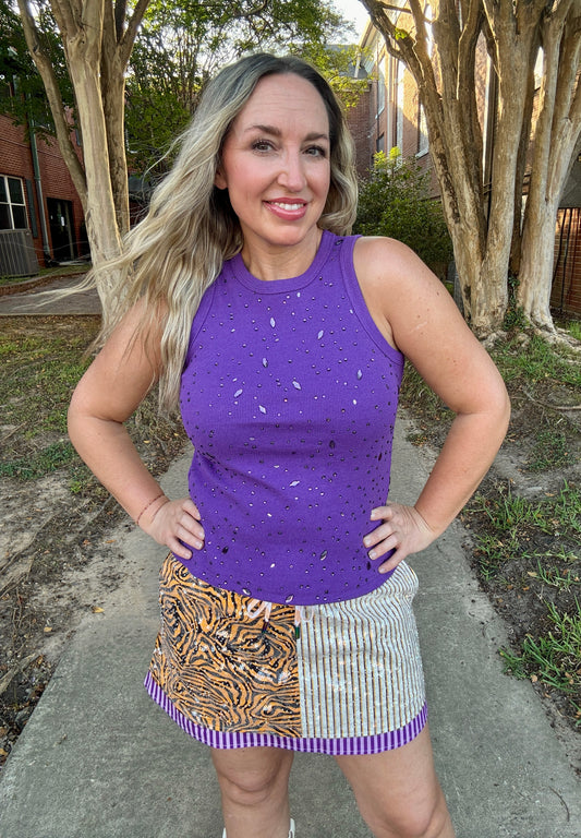 Purple, Yellow, and Tiger Colorblock Sequin Skirt
