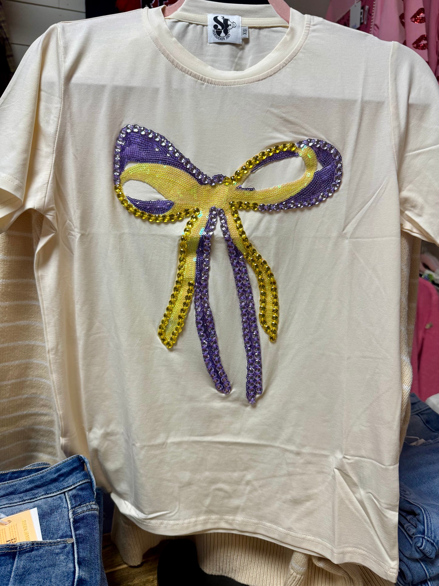 Purple and Gold Rhinestone Bow tee