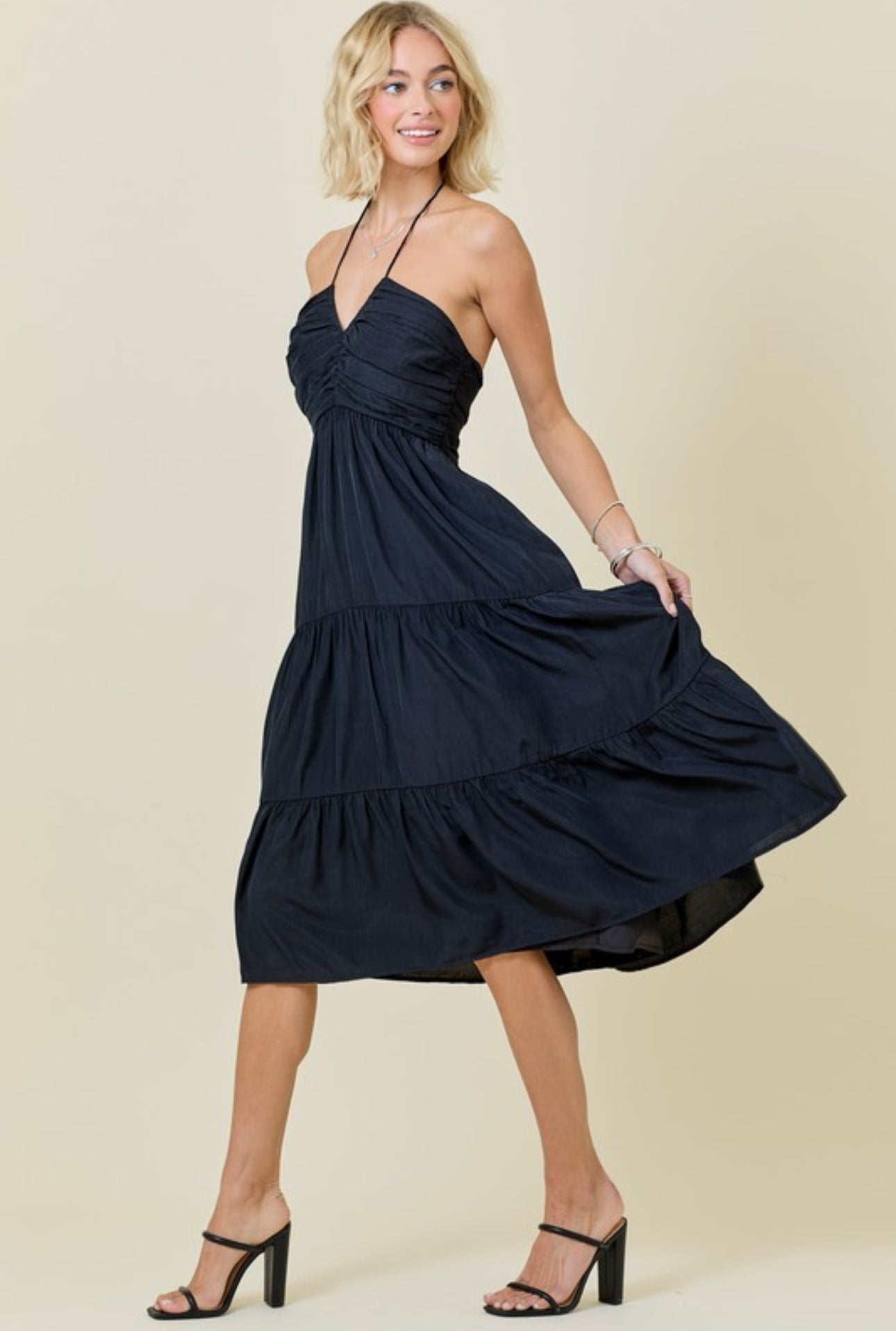 Seaside Noir Notched Midi Dress