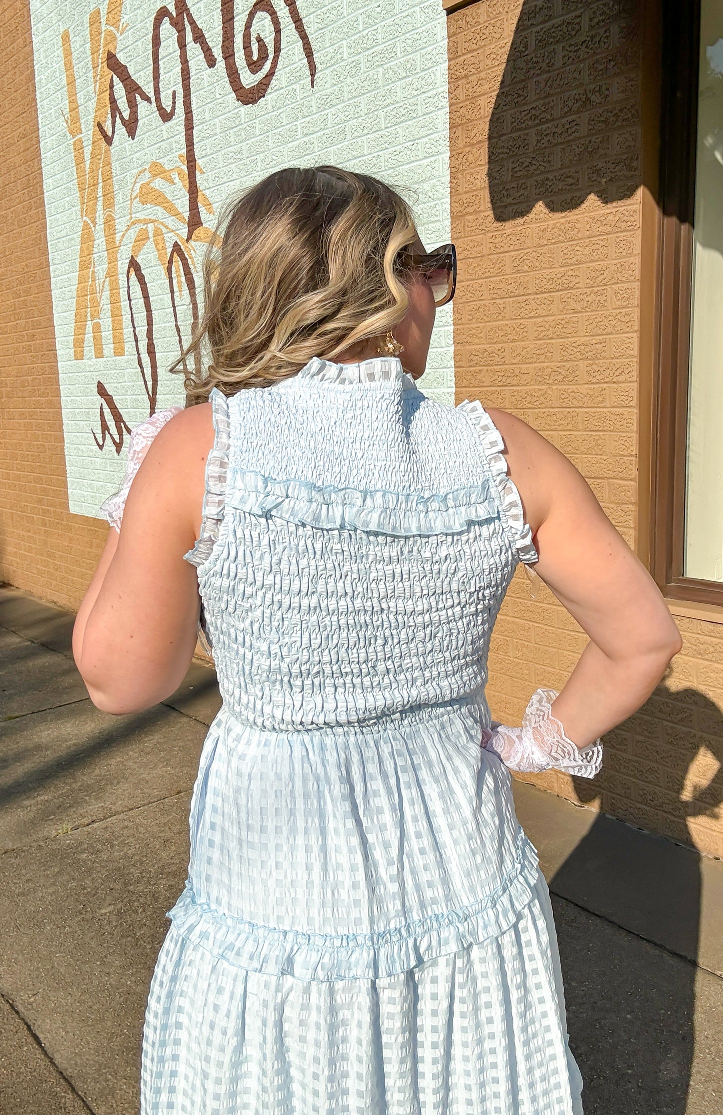 Gorgeous in Gingham Blue Ruffled Dress
