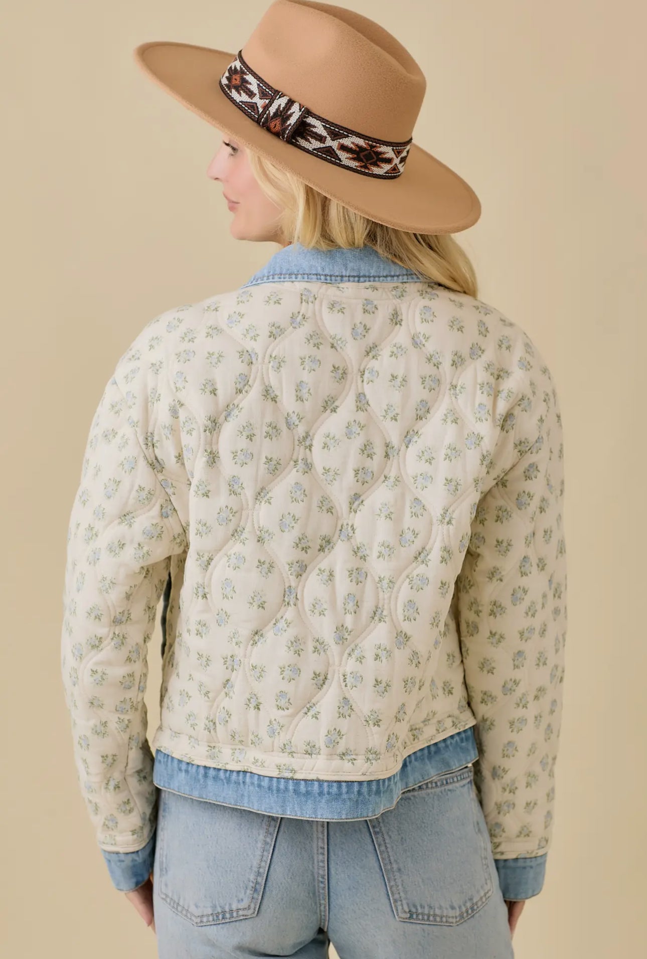 Floral Print Quilted Denim Jacket Preorder