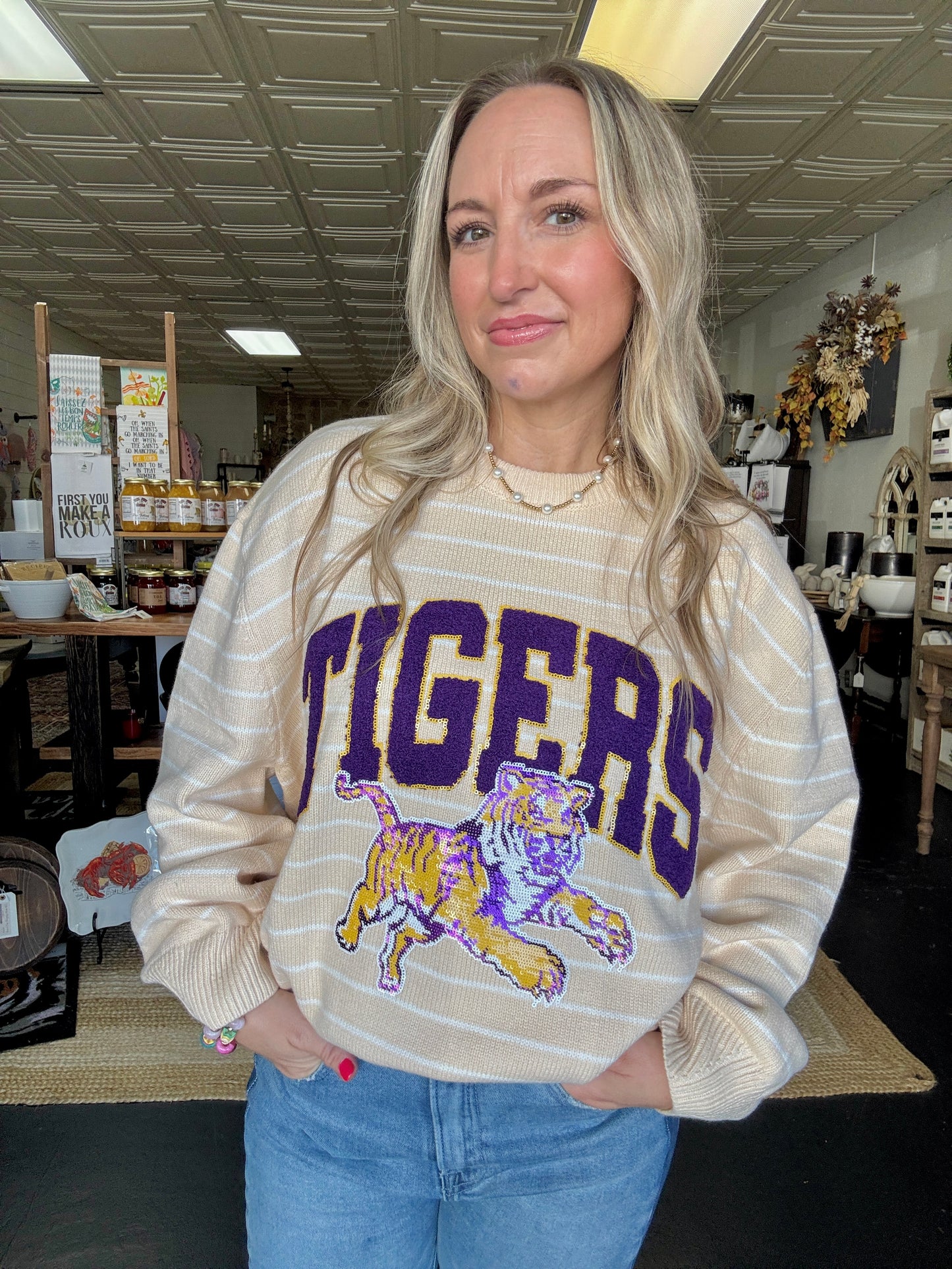 Licensed LSU Beige Striped Vintage Sweater