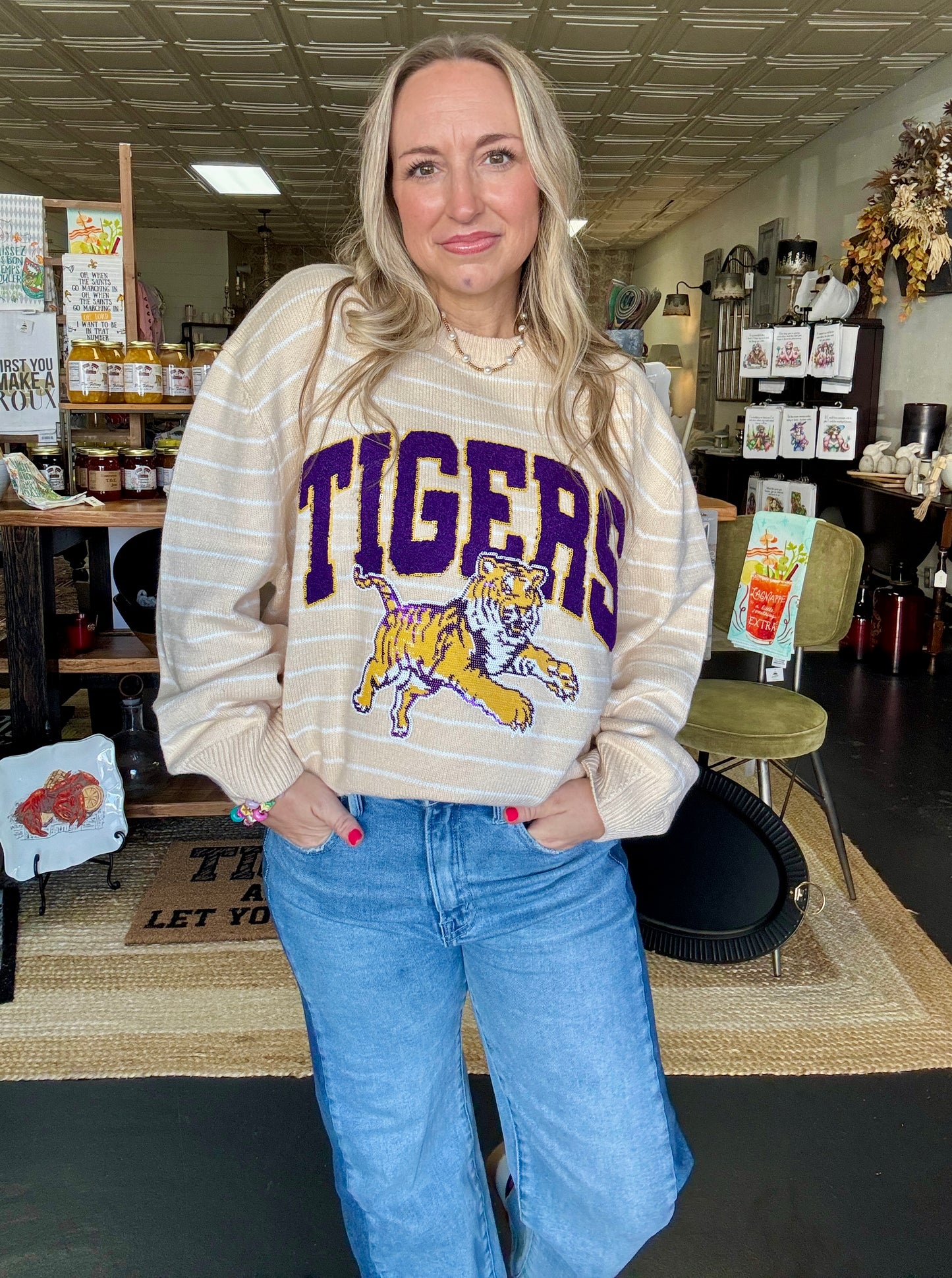 Licensed LSU Beige Striped Vintage Sweater