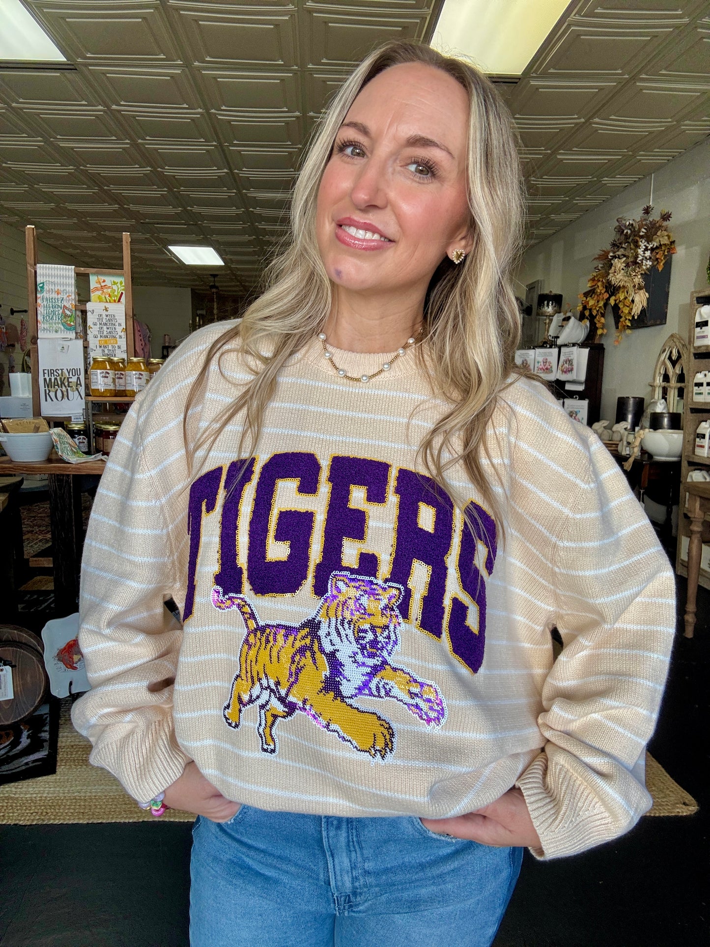 Licensed LSU Beige Striped Vintage Sweater