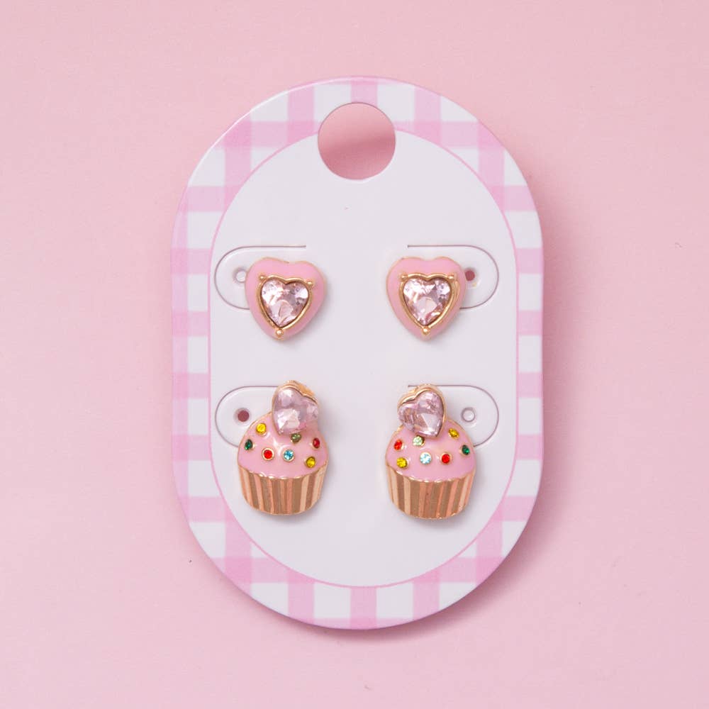 Pink Cupcake Studs and Heart Gem Stud Set