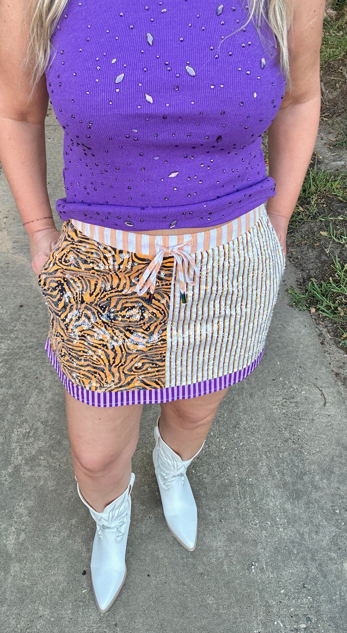 Purple, Yellow, and Tiger Colorblock Sequin Skirt
