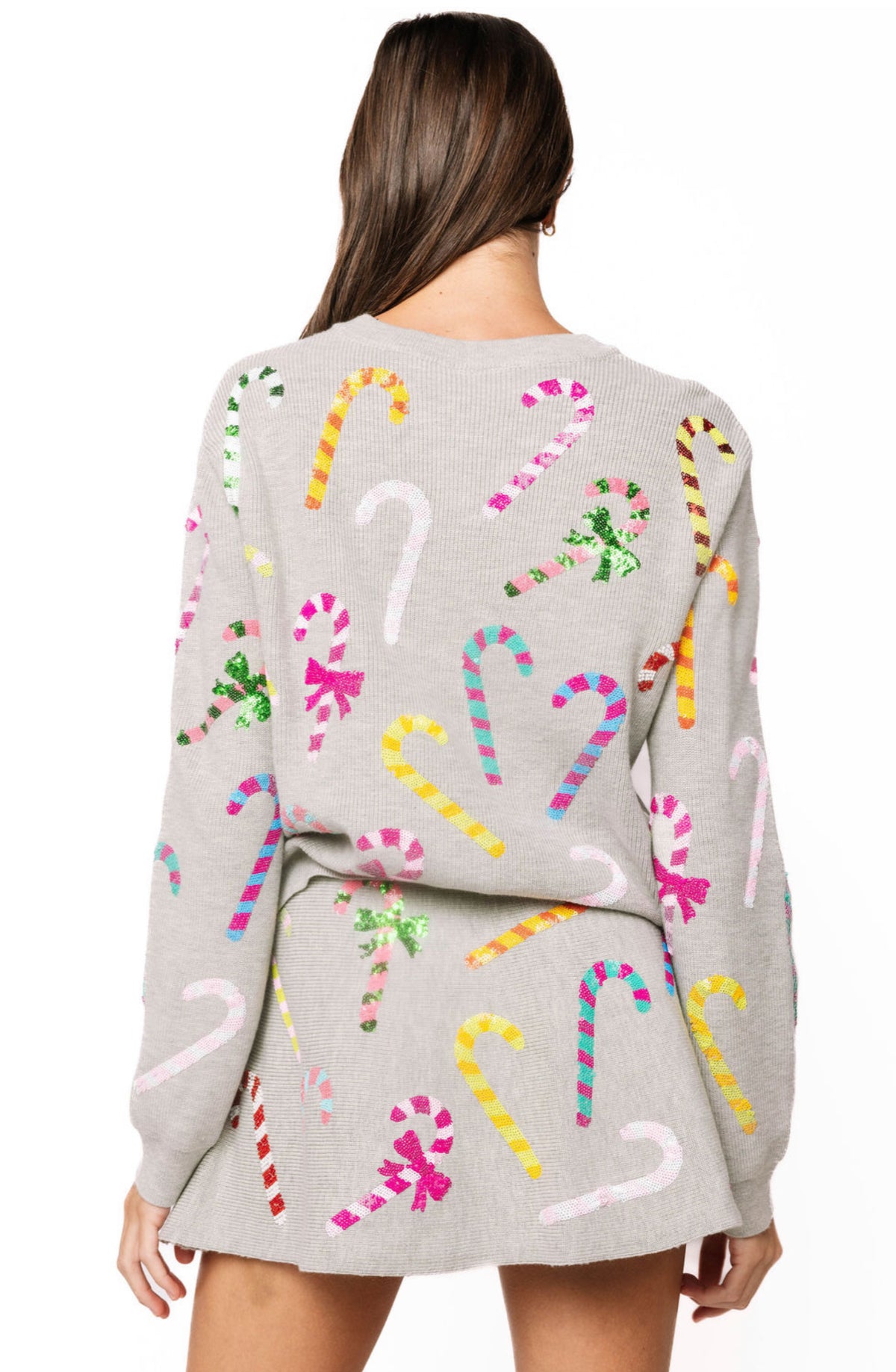 Grey Multi Candy Cane Bow Sweater