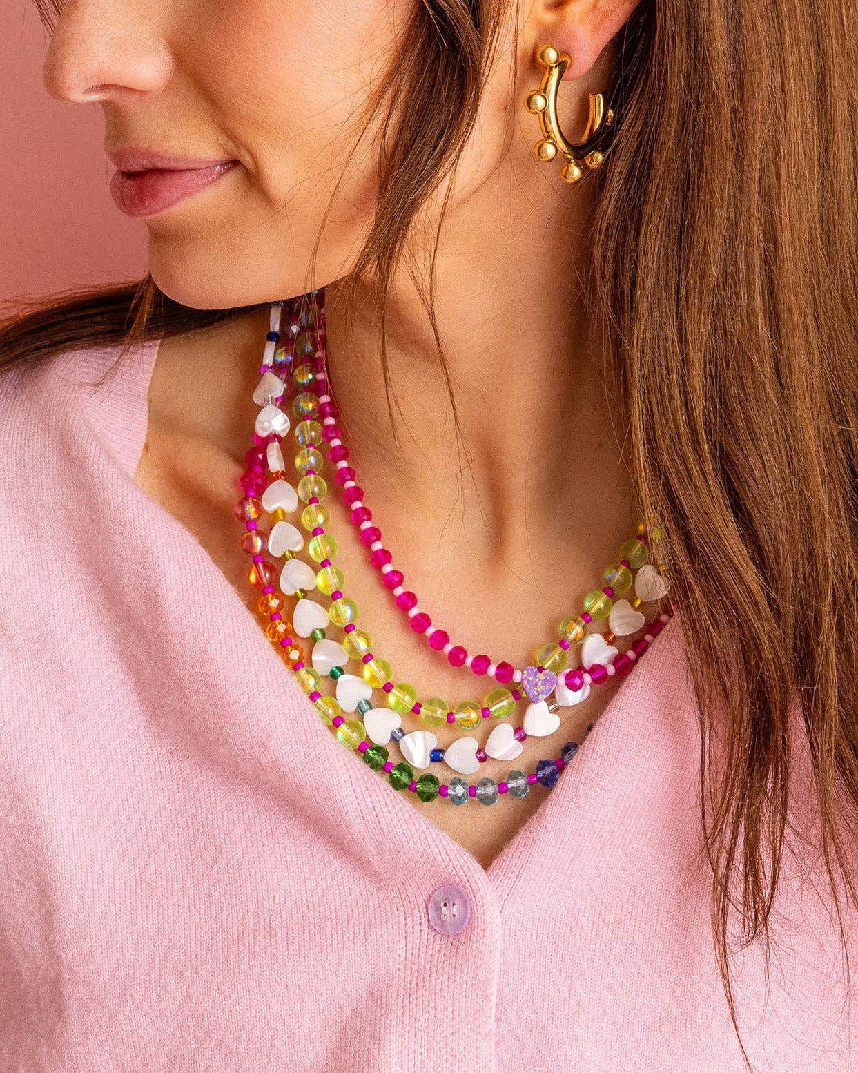 Emma Beaded Necklace - Pearl Hearts + Multi-Colored Beads