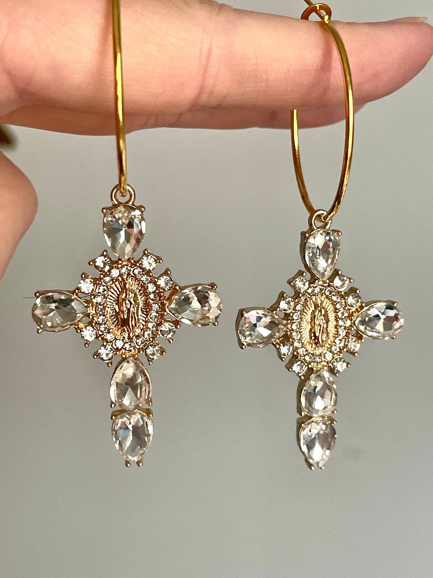 Gold Religious Cross Mary Hoop Earrings