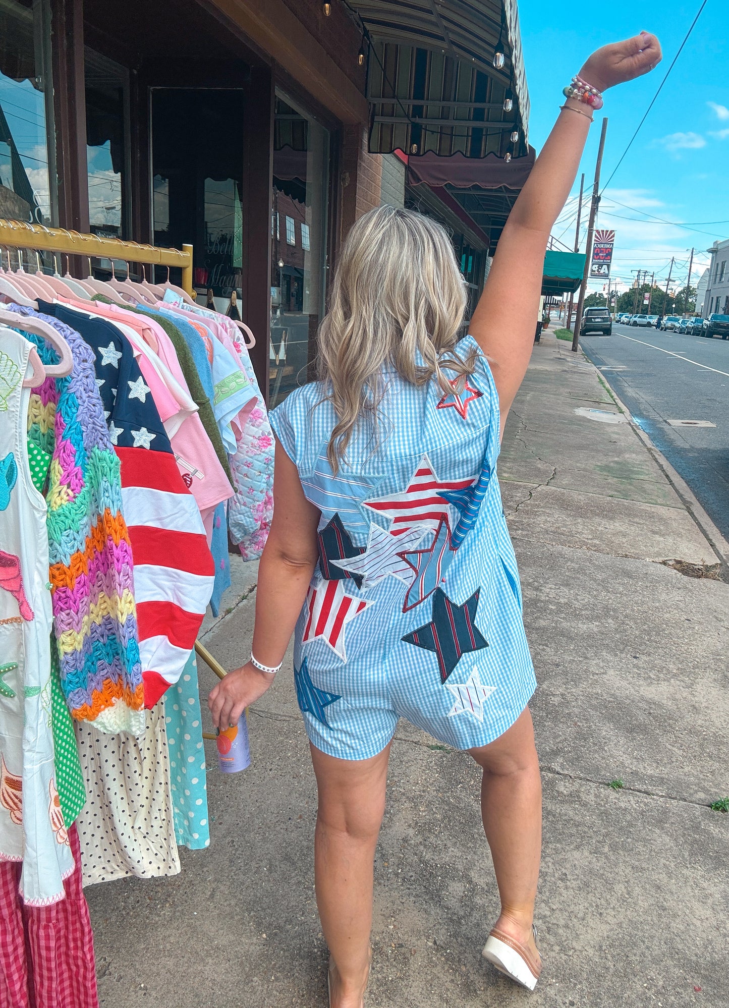 Blue Gingham Star and Stripes Romper