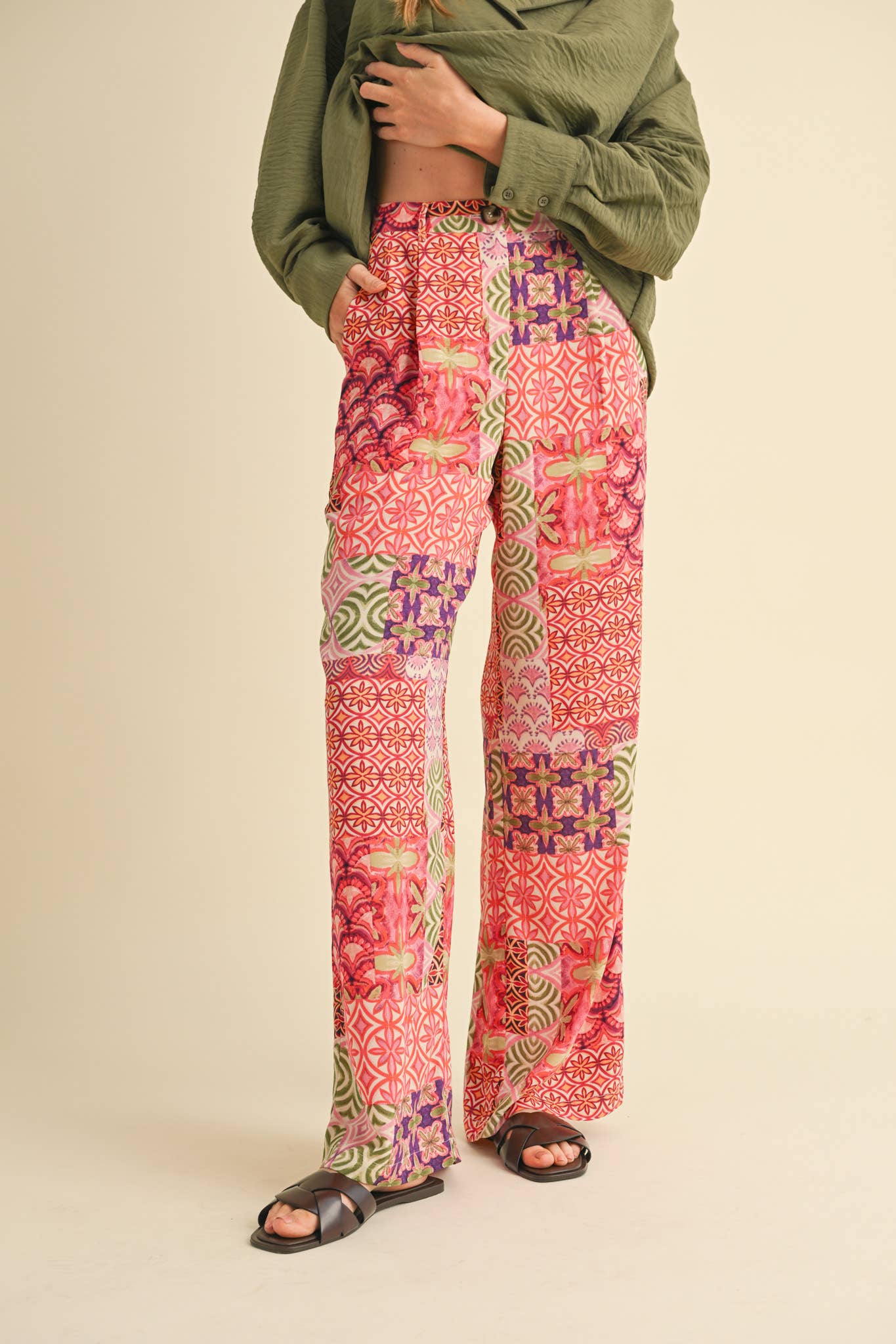 Patchwork Print Wide Leg Trousers