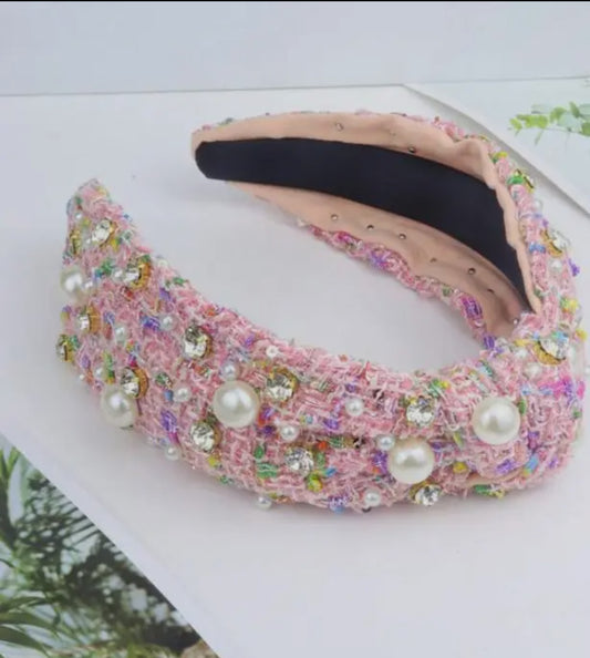 Boucle pink pearl tweed headband