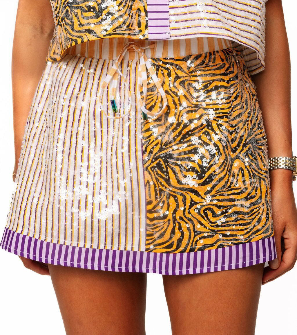 Purple, Yellow, and Tiger Colorblock Sequin Skirt Preorder