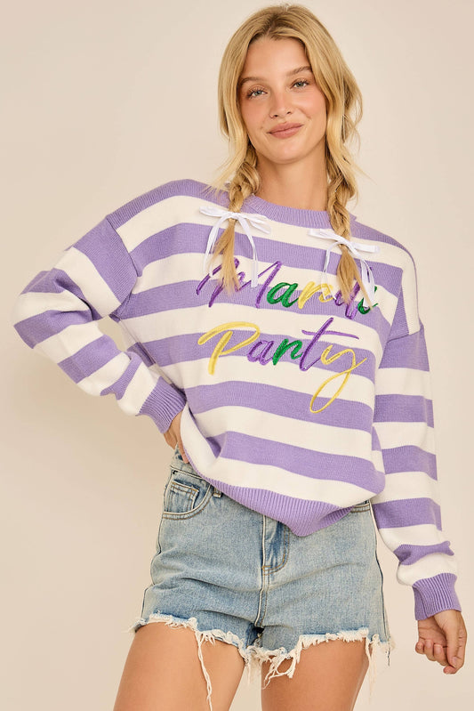 Mardi Party Striped Knit Sweater – Purple & White