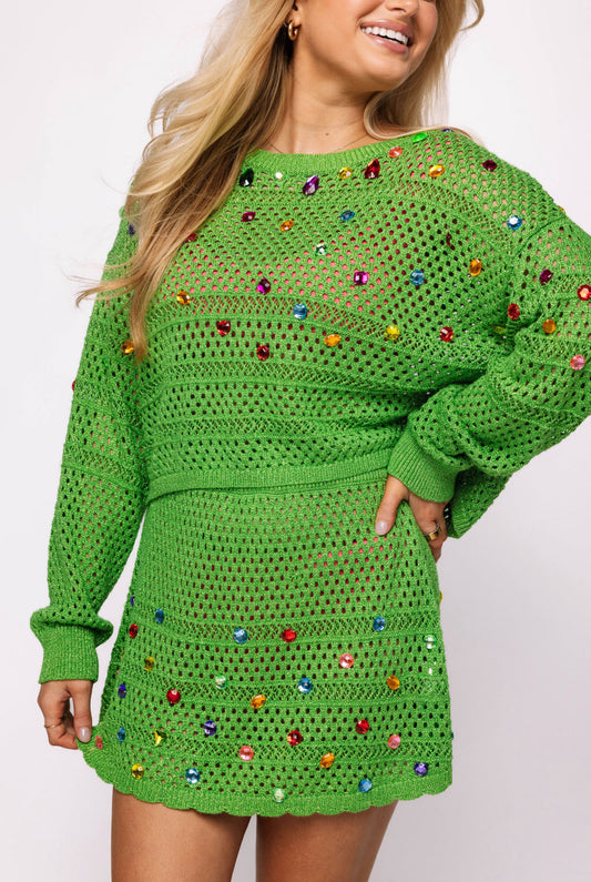 Green Rainbow Jeweled Crochet Top