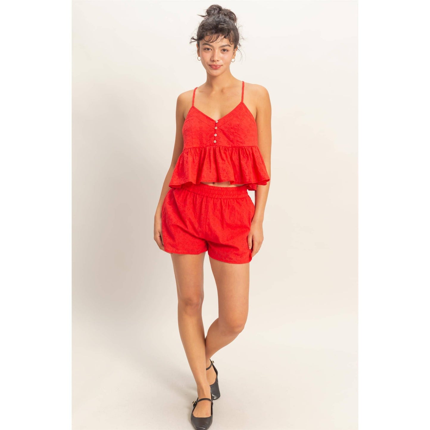 Red Eyelet Elastic Shorts With Pockets