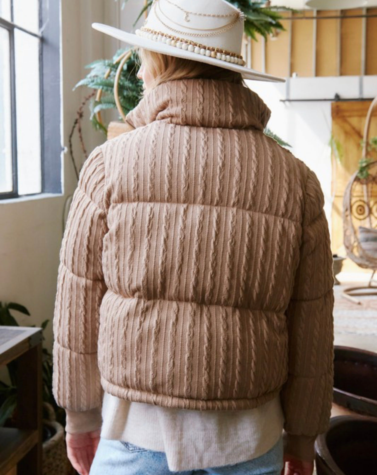 Cable Knit Puffer Jacket Taupe