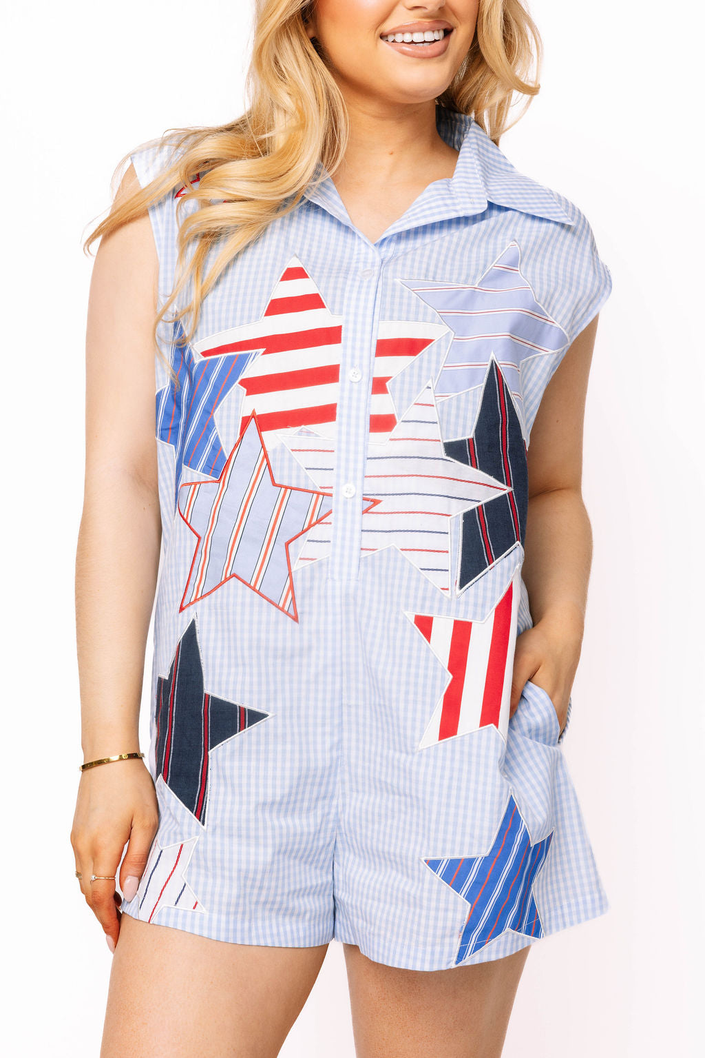 Blue Gingham Star and Stripes Romper