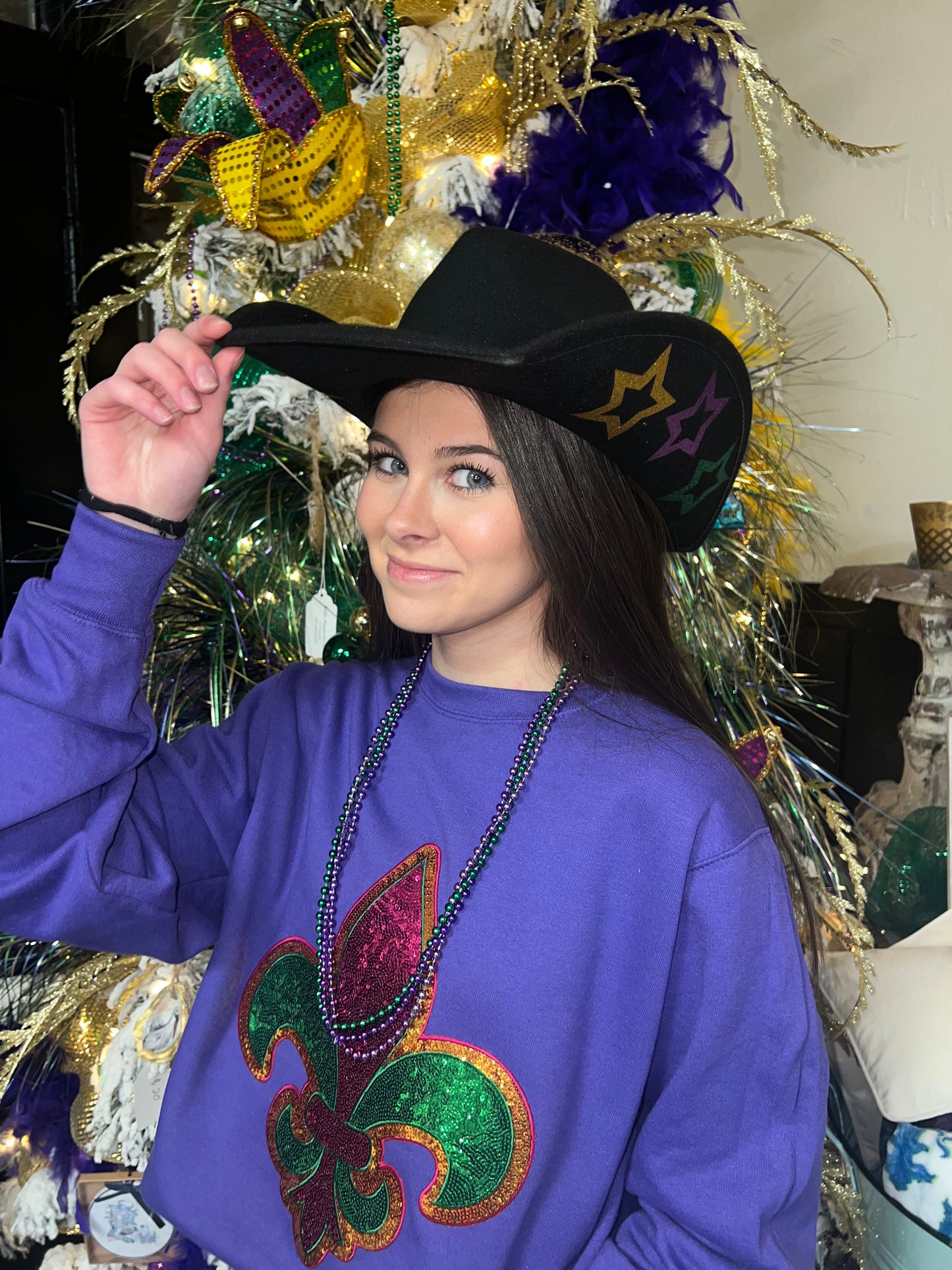 Mardi Gras glitter star cowboy hat in black