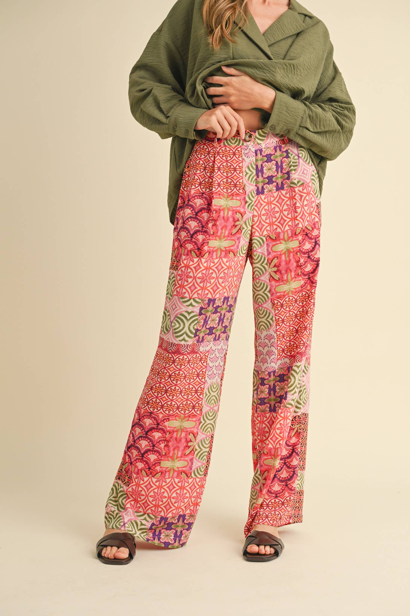 Patchwork Print Wide Leg Trousers
