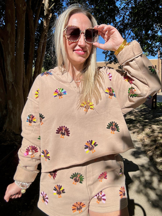 Tan Sequin Turkey Hoodie