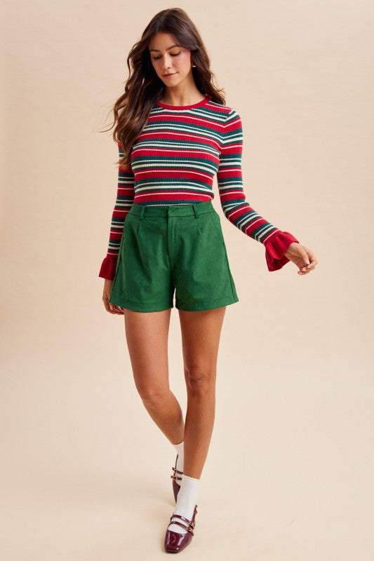 Emerald Envy Pleated Suede Shorts Preorder
