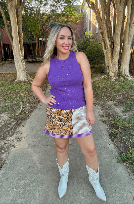 Purple, Yellow, and Tiger Colorblock Sequin Skirt
