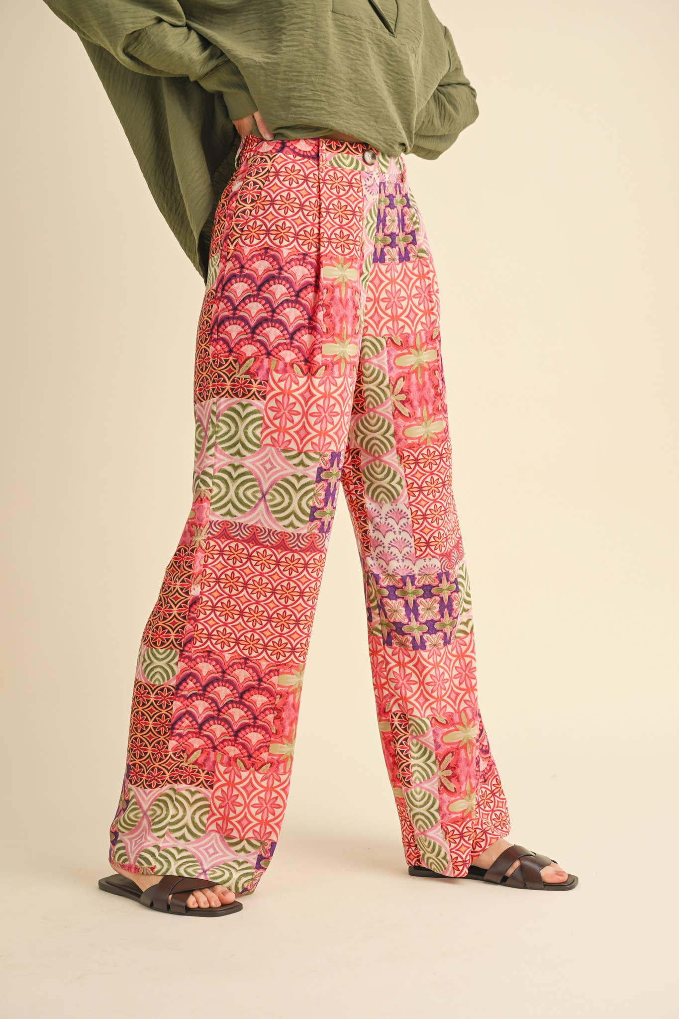 Patchwork Print Wide Leg Trousers