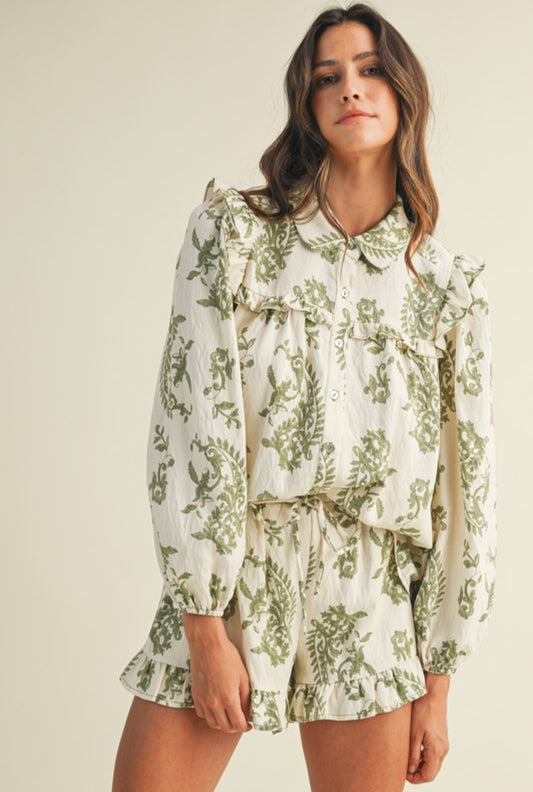 Olive Floral Ruffled Short Set